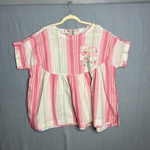 Sage + Fig Boxy Short Sleeve Top Size M Pink Striped Babydoll Shirt Boho Floral